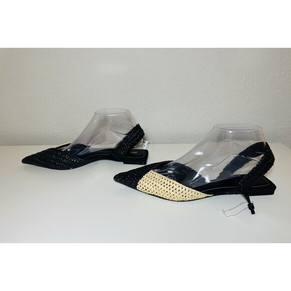ZARA Woven Rafia Pointed Toe Black Tan Slingback Flat‎ Sandal Women US 7.5 NEW - Picture 2 of 12